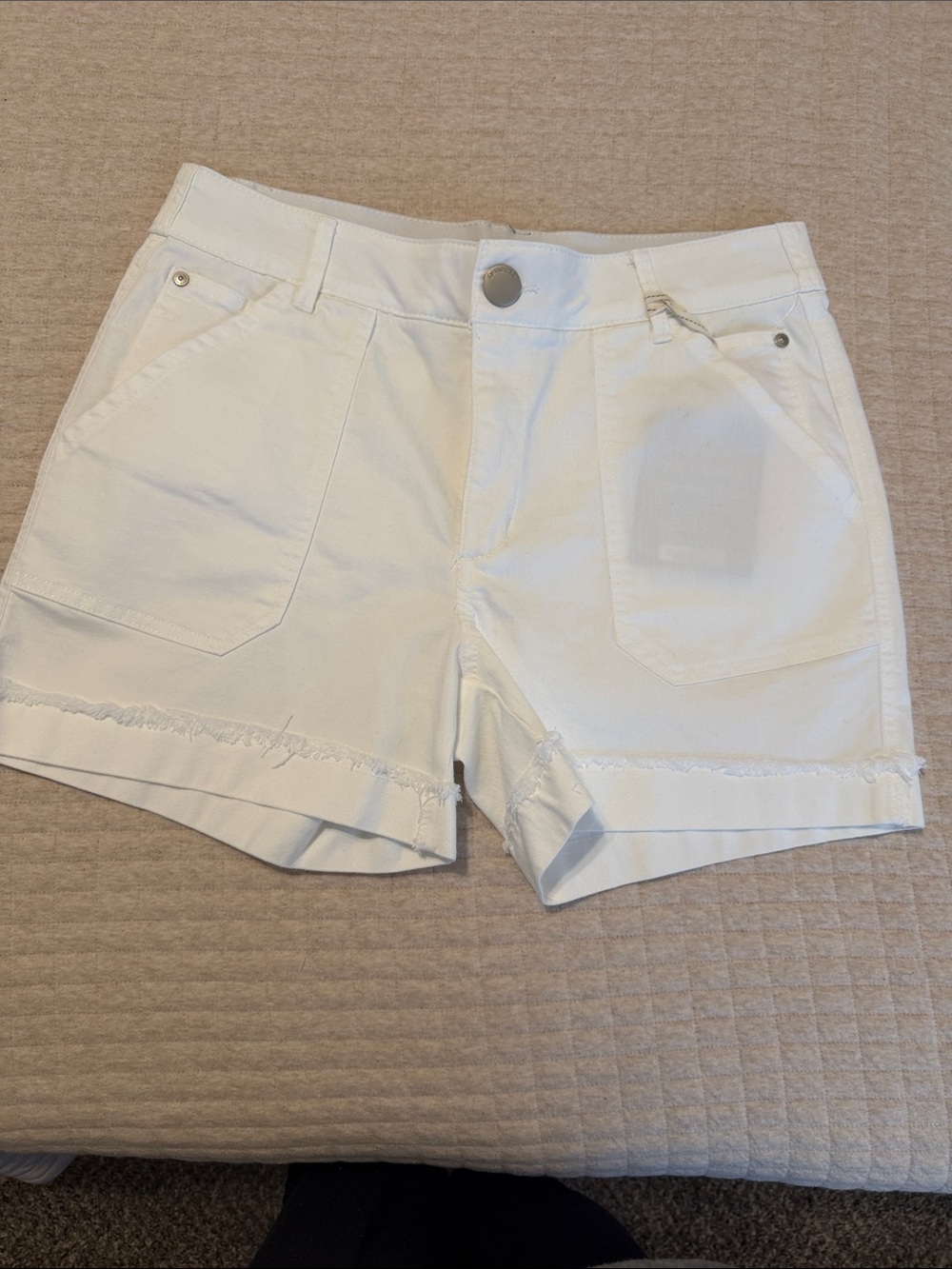 Democracy White Denim Shorts with Frayed Trim